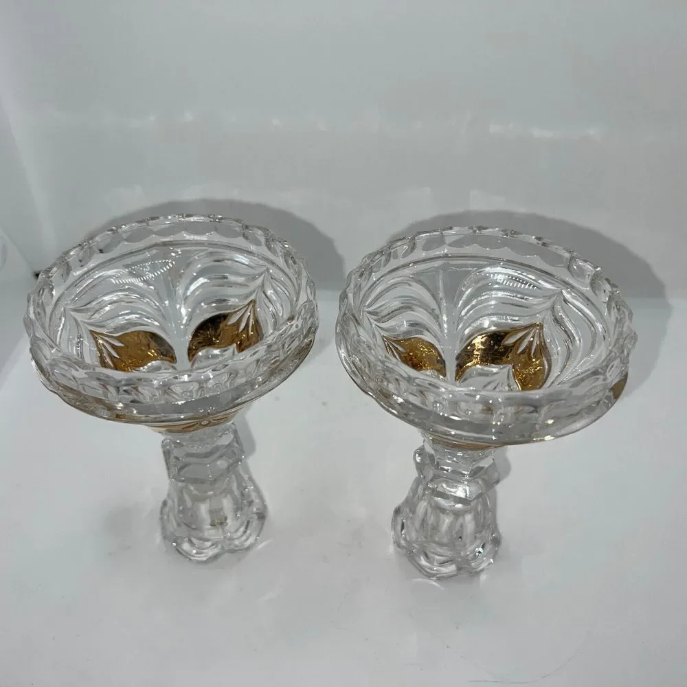 GERMAN HANDARBEIT 24% LEAD CRYSTAL CLEAR GOLD ACCENT CANDLESTICKS 5